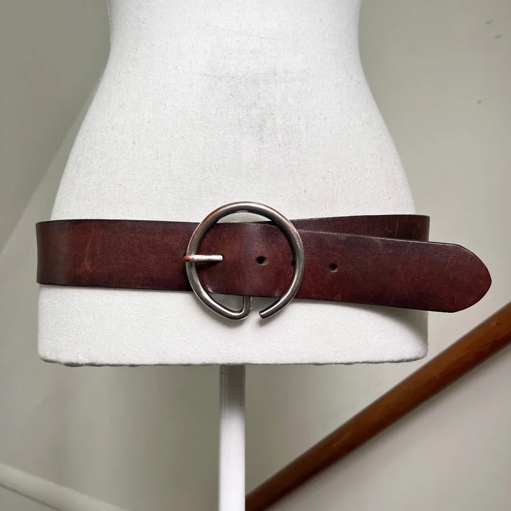 Vintage Gap Belt Large Brown Genuine Leather Wide Silver Circle Buckle 90s